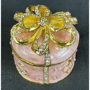 Pink Enameled Metal Hinged Trinket Box With Gold Tone Bow & Rhinestone Accents